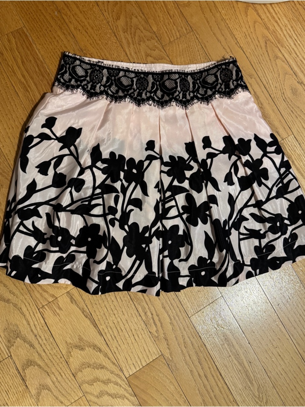 Pink Floral Circle Skirt with Black Lace Waistband